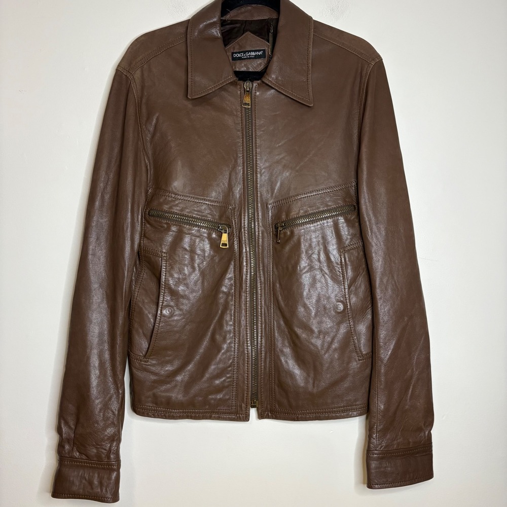Dolce & Gabbana Mens 100% Lambskin Leather Jacket Brown Made in Italy IT 50/US M